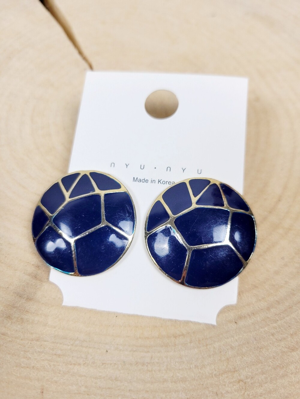 Brand New Gold Tone Navy Blue Round Stud Earrings